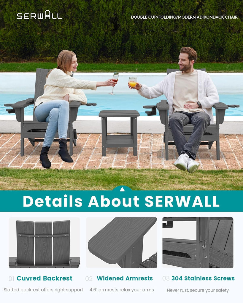 HDPE Modern Folding Adirondack Chair with Dual Cup Holder, Gray | Outdoor All-Weather Lawn Adirondack Chairs Wood