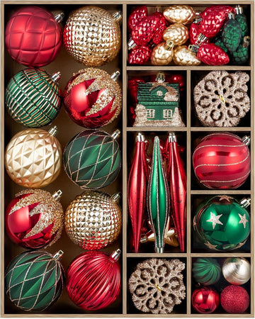 Christmas Ornaments Set, Shatterproof Assorted Hanging Baubles Decorations Bulk Decorations Home Holiday Party - Set of 106