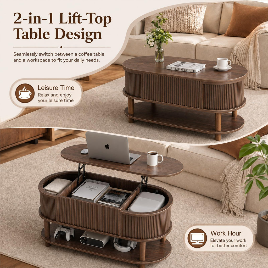 Oval Lift Top Coffee Table with Storage, 41" Fluted Coffee Table with Open Shelf, Mid Century Modern Center Table