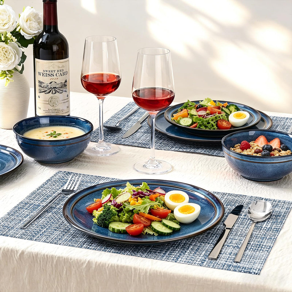 Plates and Bowls Sets 12 Pieces, Blue Reactive Glaze Dinnerware Set
