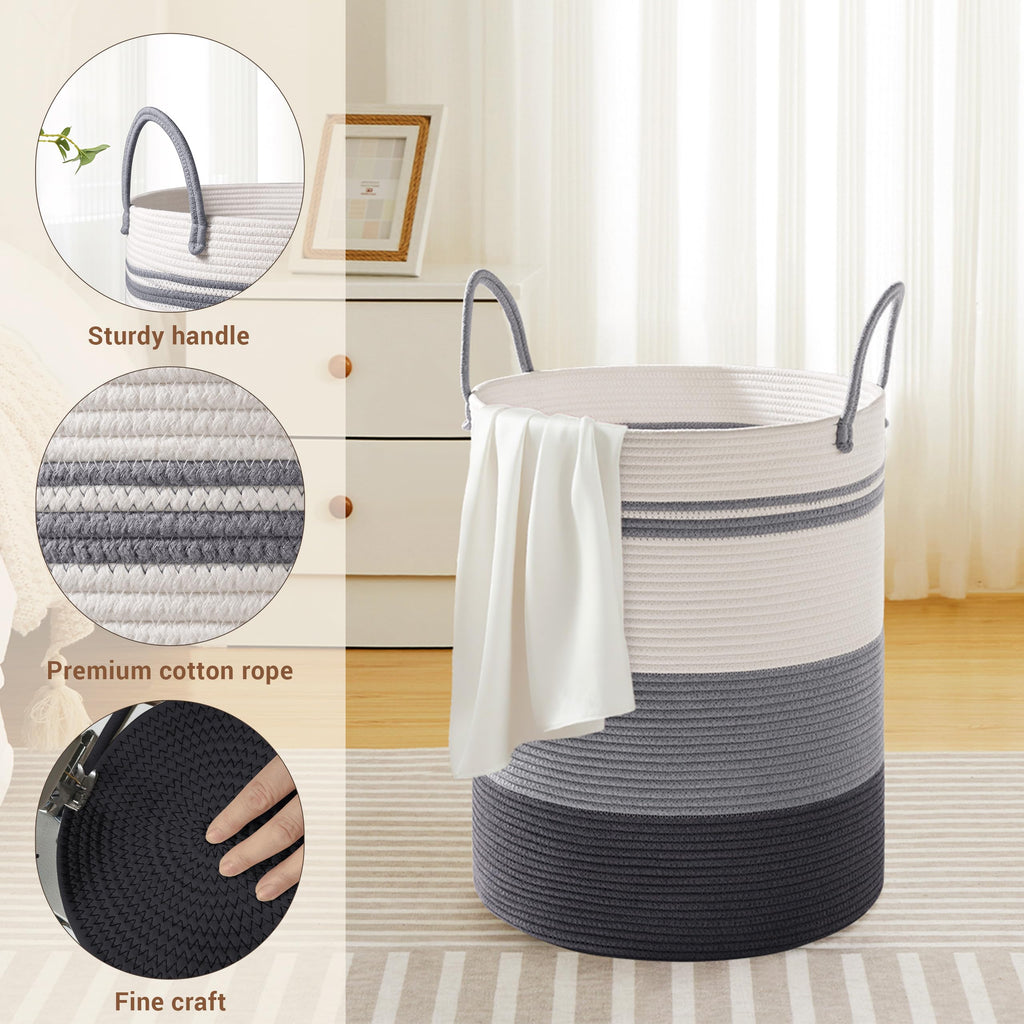 58L Tall Cotton Rope Laundry Basket with Handles, Grey Striped