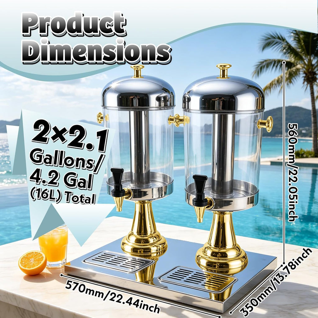 4.2 Gallon Drink Dispensers for Parties, 2 x 2.1 Gal Leakproof Beverage Dispenser with Stainless Steel Stand, Spigot