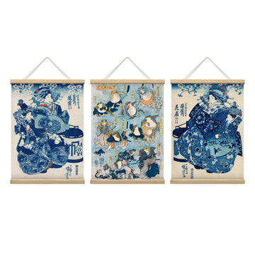 3 Panel Wooden Framed Hanging Poster Classic Japanese Ukiyo-e Traditional Edo Period Wall Picture Poster Artwork