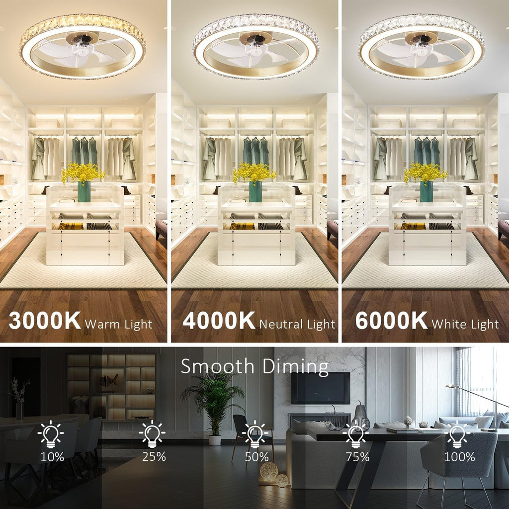 Low Profile Modern Crystal Chandelier Ceiling Fans with Lights and Remote, 3000K-6500K Smart Bladeless LED Fan Light