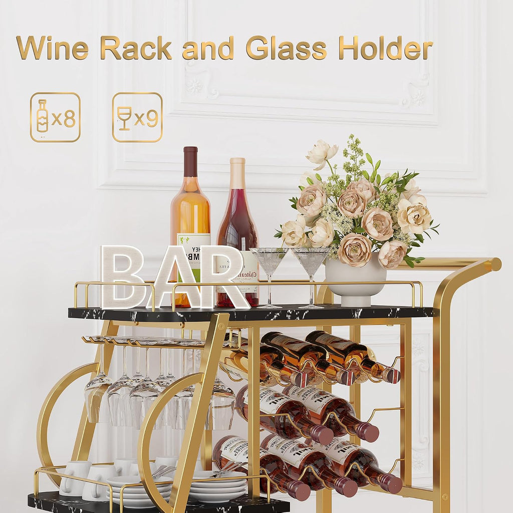 Bar Cart Bar Serving Cart on Wheels, 3 Tier Liquor Carts with Wine Rack and Glass Holder, Rolling Beverage Trolley