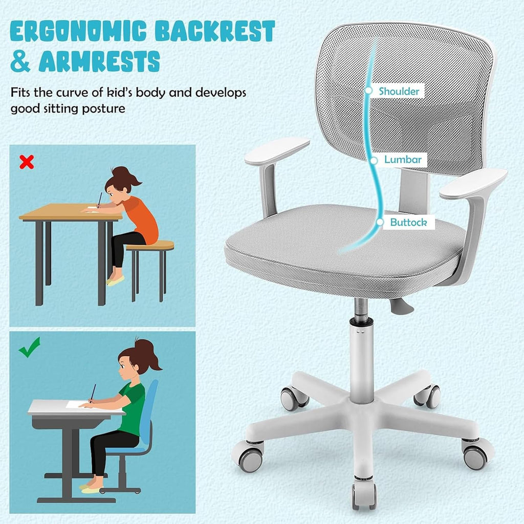Kids Desk Chair with Detachable Cushion & Armrest, Grey