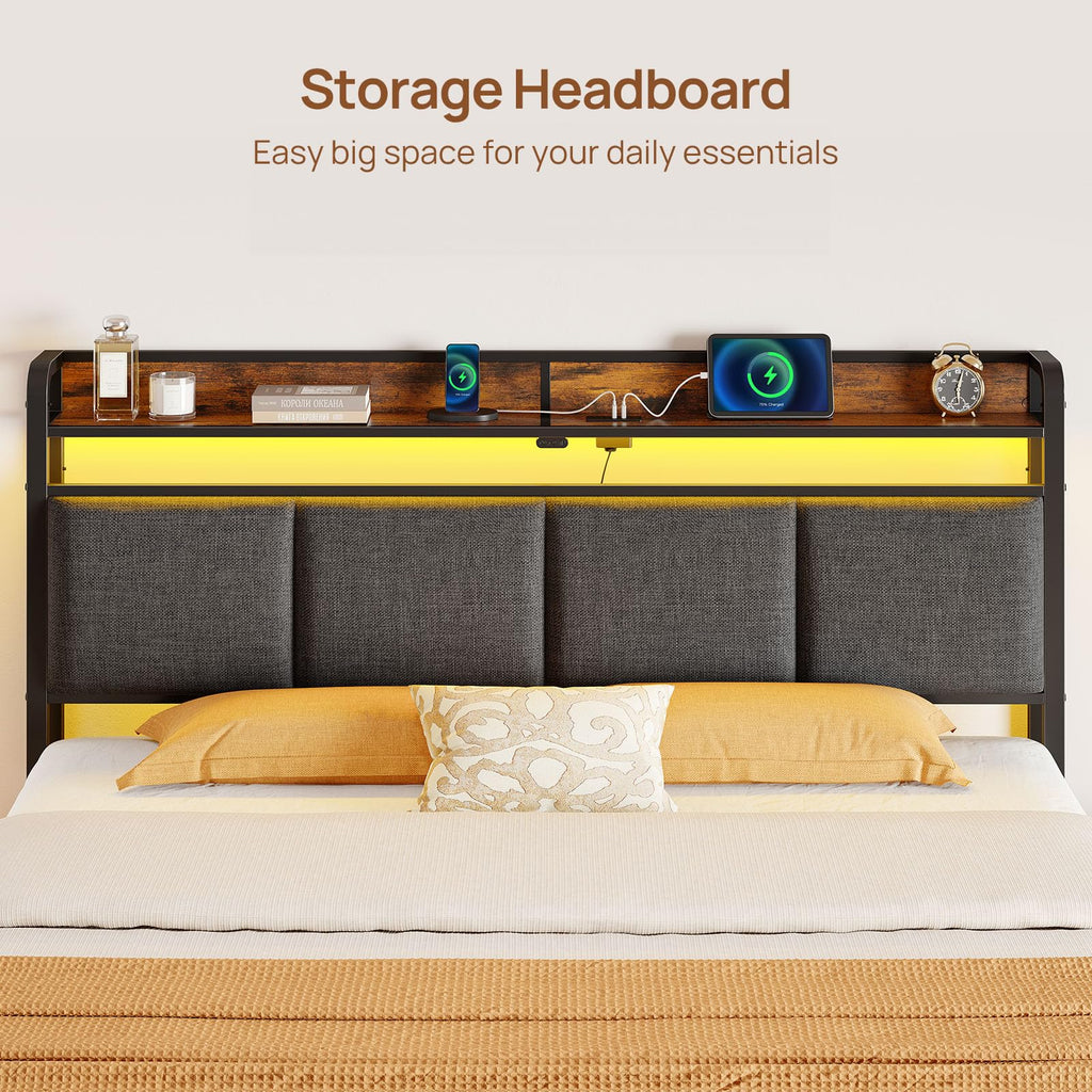 Bed Frame Full Size with Charging Station and LED Lights, Upholstered Storage Headboard with Drawers, Heavy Duty