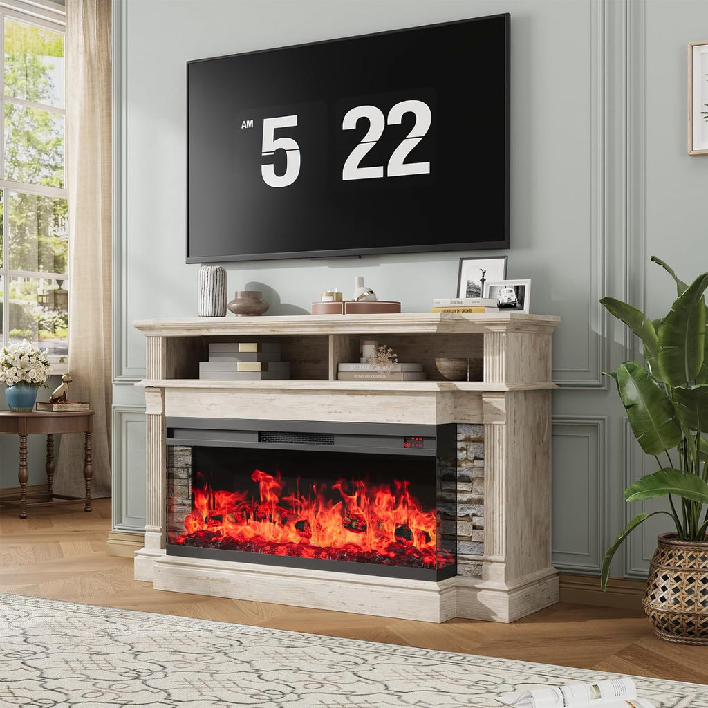 Fireplace TV Stand for TVs up to 65", Farmhouse 52"Fireplace Entertainment Center with 36" 3-Side Glass Electric