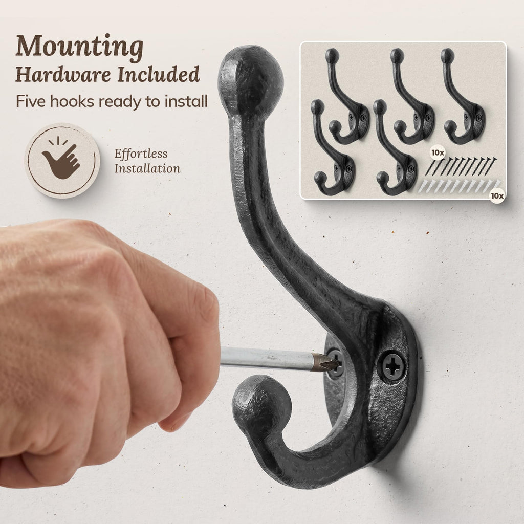 Rustic Cast Iron Coat Hooks (5 Pack) Wall Mounted Farmhouse Decorative Wall Hooks, Vintage Hooks for Hanging Coats