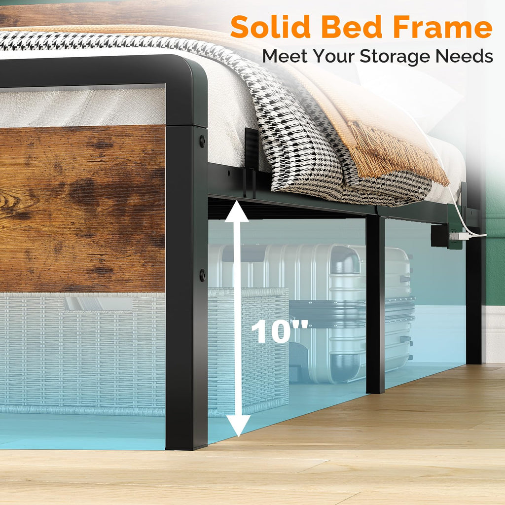 Rustic Bed Frame with Wood Headboard and Footboard, Led Light, 2 AC 2 USB 1 Type-C Charging Ports, 12-Inch