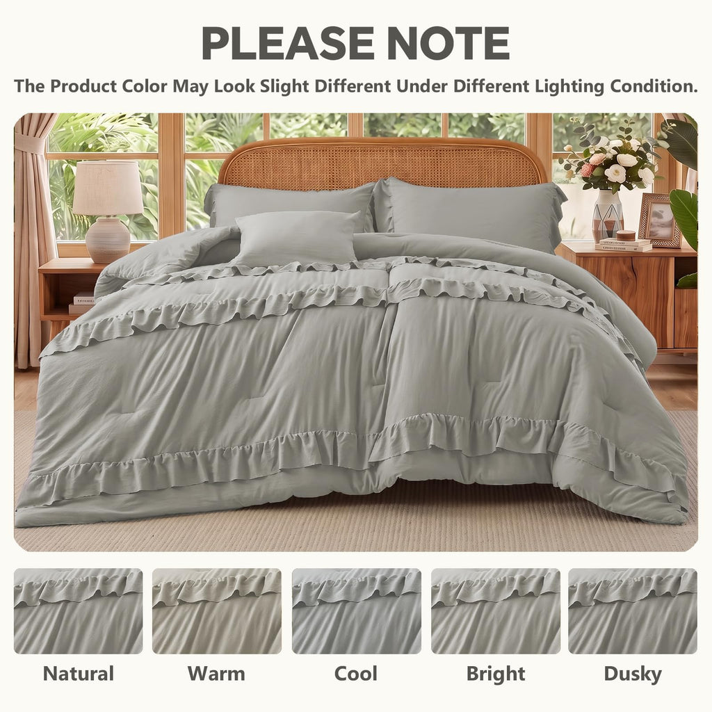 Grey Ruffle Comforter, 4 Pieces Farmhouse Bedding Set