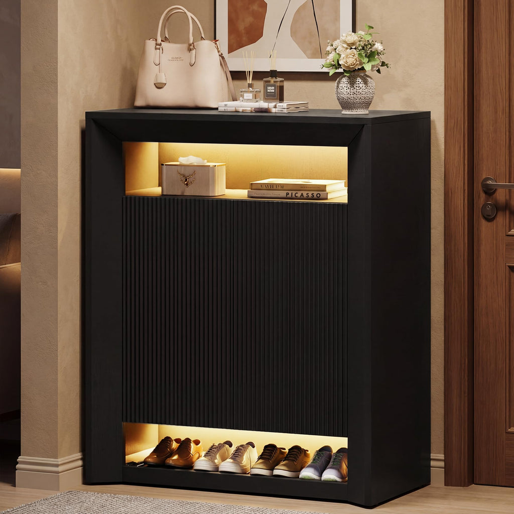 LED Shoe Cabinet w/App & Music Sync, Modern Shoe Storage Rack with Adjustable Shelves & Pull-Out Drawer, Entryway