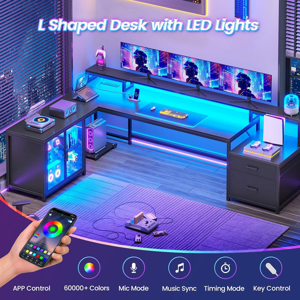 78.7" Large L Shaped Gaming Desk with Drawers, LED Light | Reversible Corner Computer Desk with Storage Shelves