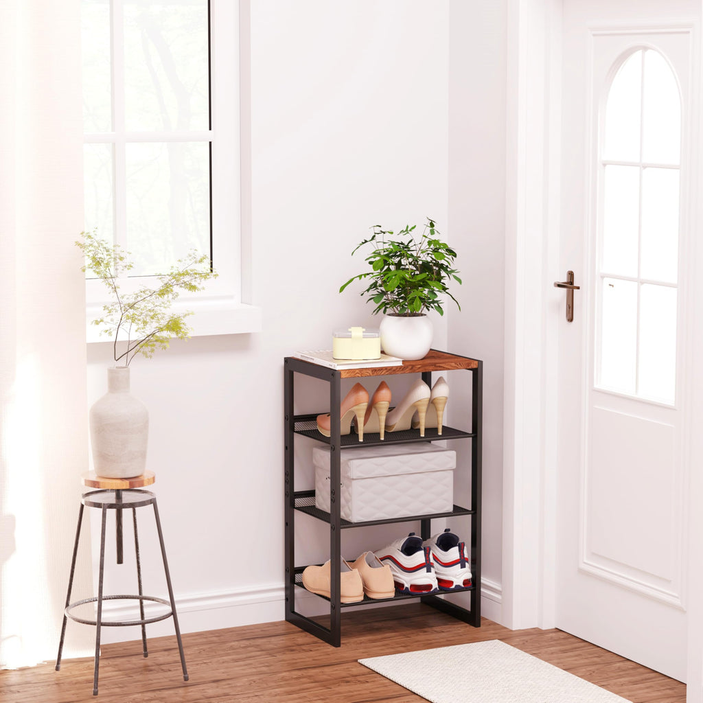 Narrow 4-Tier Shoe Rack, Slim Space-Saving Shelf with Decorative Wood Top & Steel Mesh, Entryway/Closet/Dorm