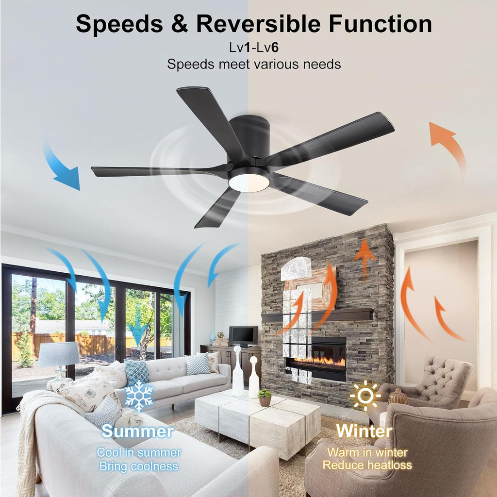 52 Inch Flush Mount Ceiling Fan with Lights, Low Profile Modern Ceiling Fan with Remote, Quiet DC Motor, 6-Speed