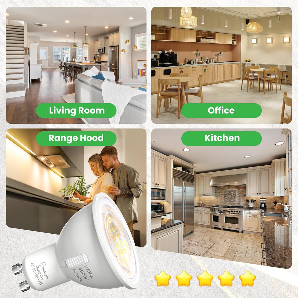 GU10 LED Bulbs 3CCT 2700K/4000K/6000K, GU10 MR16 LED Bulb 6W Equivalent 50W 550 Lumens 38°Spotlight, Non-Dimmable