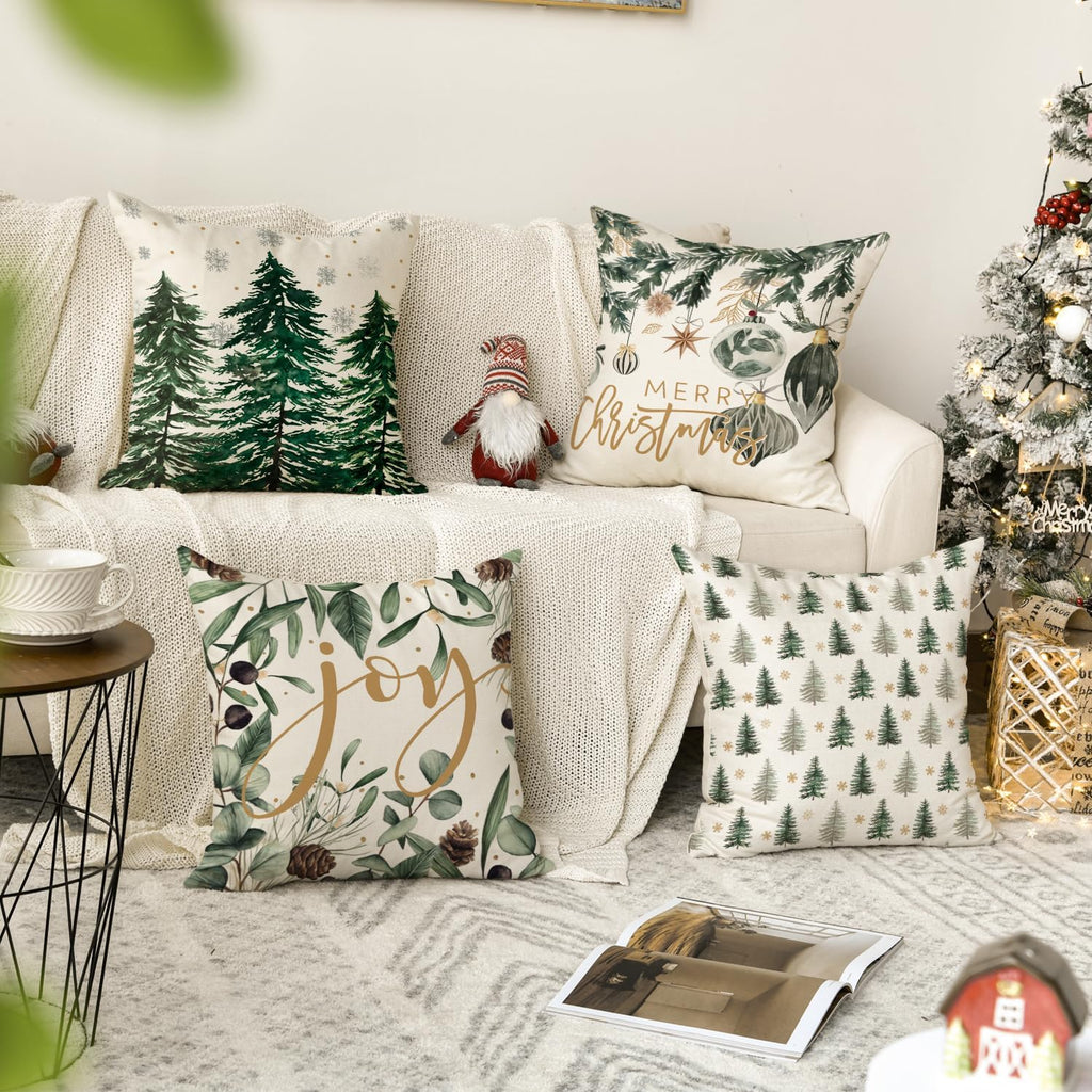 Merry Christmas Trees Snowflake Throw Pillow Covers, 18 x 18 Inch Joy Xmas Balls Winter Holiday Cushion Case - Set of 4