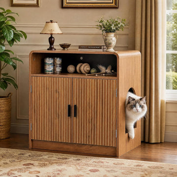 Cat Litter Box Enclosure Furniture with Hidden Storage Cabinet, Open Shelf, Fluted Doors and 27.56 inches Wood Grain