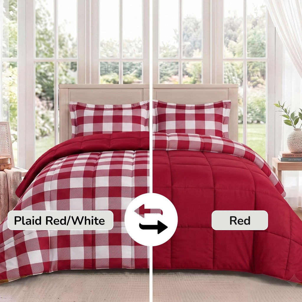 Lightweight Plaid Comforter Set with 2 Pillow Shams - 3-Piece Set - Red/White Plaid - Down Alternative