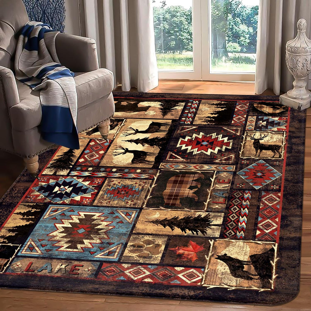 Bear Area Rug, Rustic Cabin Rug Mat Farmhouse Brown Rugs Retro Lodge Runner Carpet Moose Deer Non Slip Floor Mat