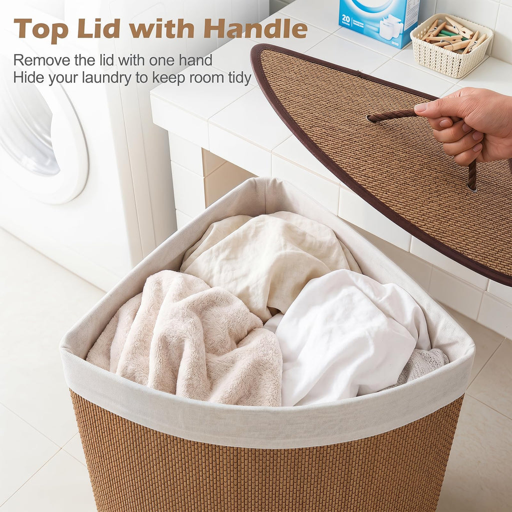 15 Gal Corner Laundry Hamper w/Lid, Removable Liner & Handle Khaki