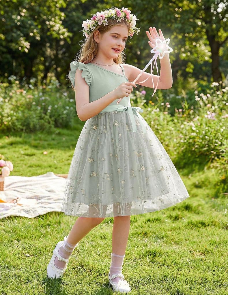 Girls Dresses Summer One Shoulder Sleeveless Dress with Belted