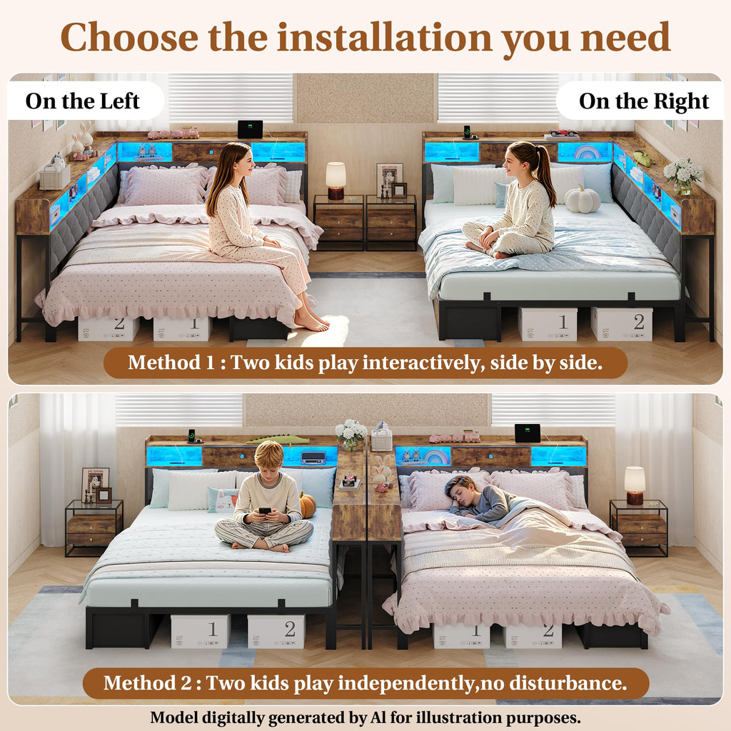 Corner Bed Frame with 7 Drawers, LED Lights, Rustic Brown
