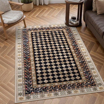 Washable Checkered Kitchen Rug, Black and Brown Trellis Rugs, Stain Resistant Non Slip Funky Carpet Throw Rugs