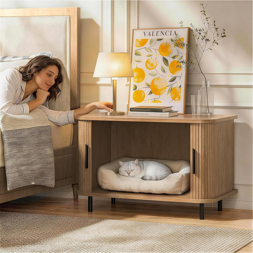 Cat Litter Box Enclosurea with Tambour Sliding Door (Oak)