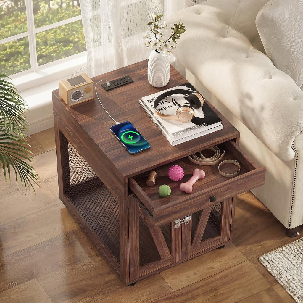 Wooden Dog Crate End Table with USB Charging Station, Walnut