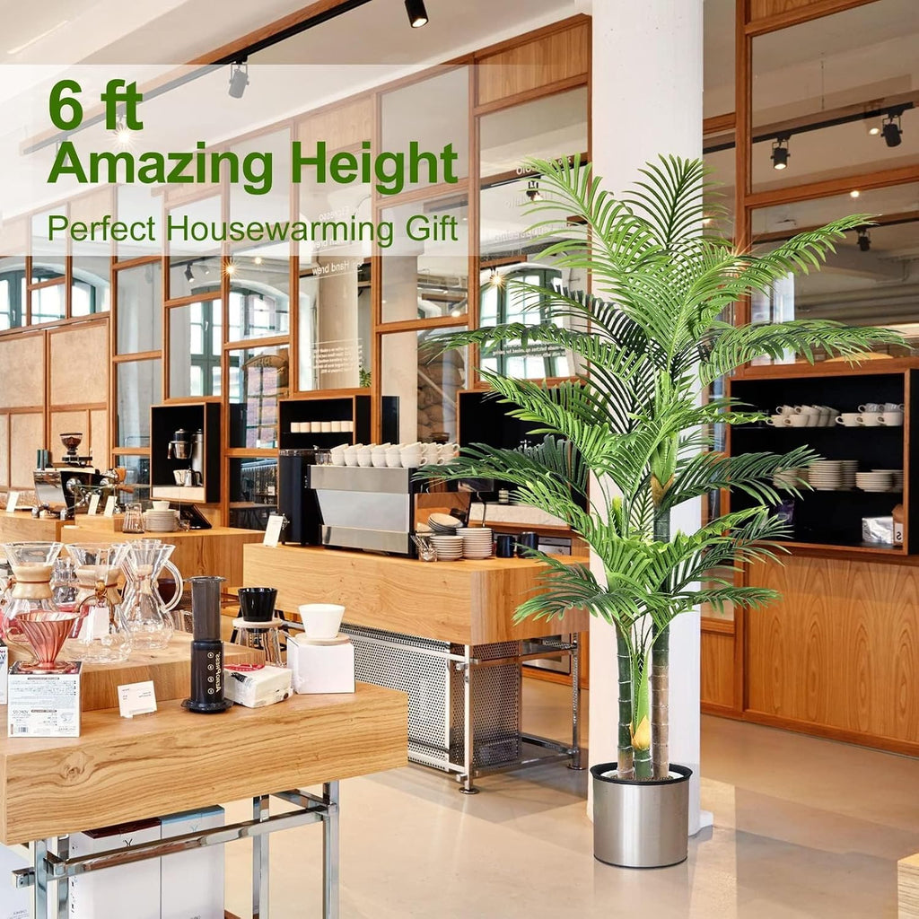 6ft Tall Triple Golden Cane Palm Artificial Tree Large Tropical Palm Tree UV Resistant Fake Plant in Pot Outdoor Big