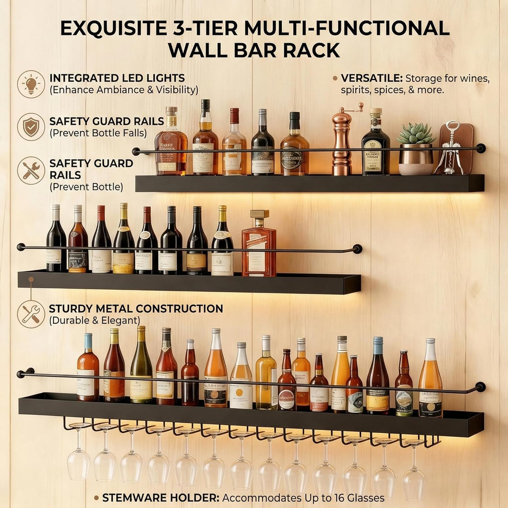 39IN Wall Mounted Wine Rack with LED Lights(White) | 3 tier industrial-style metal bottle rack glass holder hanging