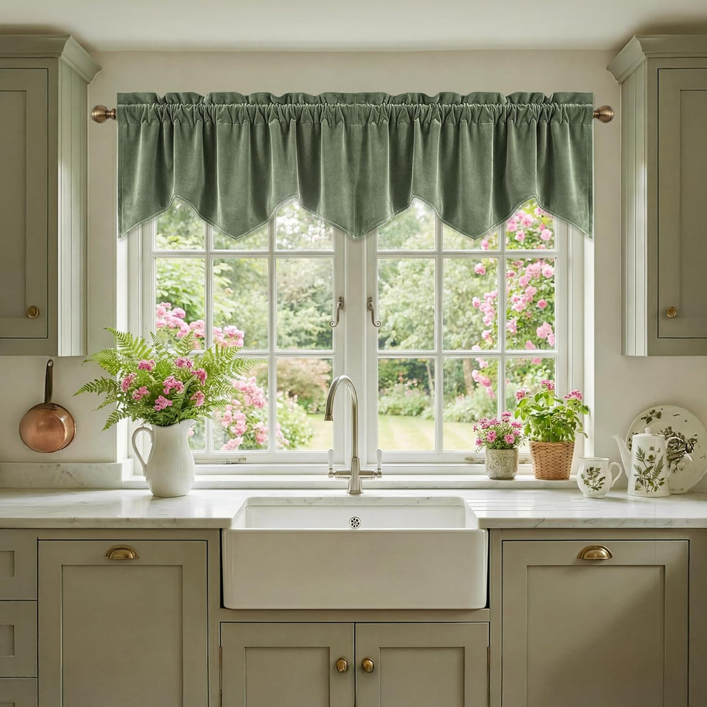 Sage Green Valance for Windows, Soft Wavy Sage Kitchen Curtains, Aesthetic Window Treatment , 52x18 Inch, 1 Panel