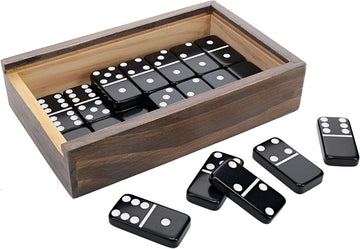 Double 6 Black Dominoes Set in Wooden Storage Case with Sliding Lid, Travel-Sized Domino Game for Adults - Set of 28