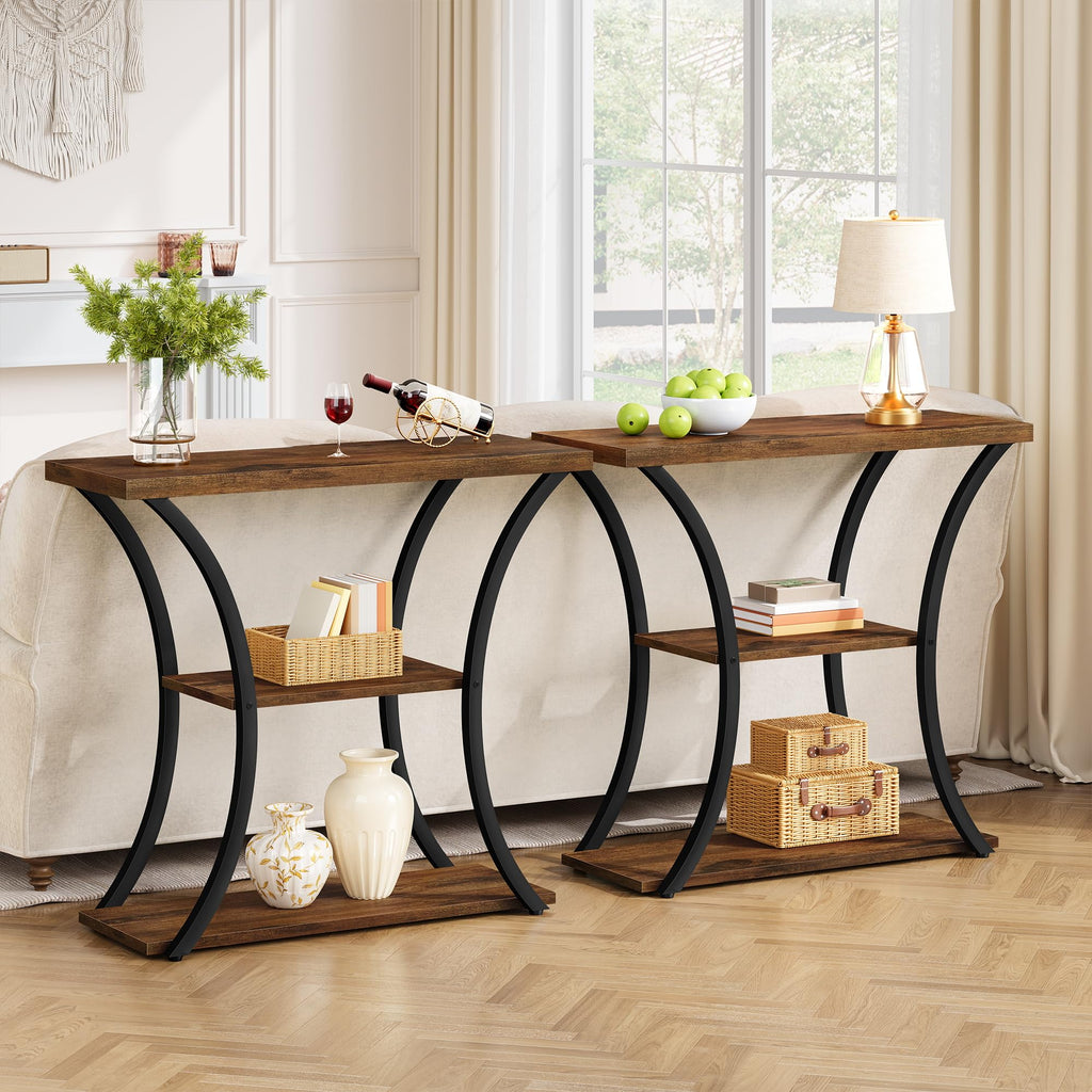 3 Tier Console Table with Open Wood Shelves, Decorative Entryway Table with Curved Metal Frames, Narrow Sofa Table