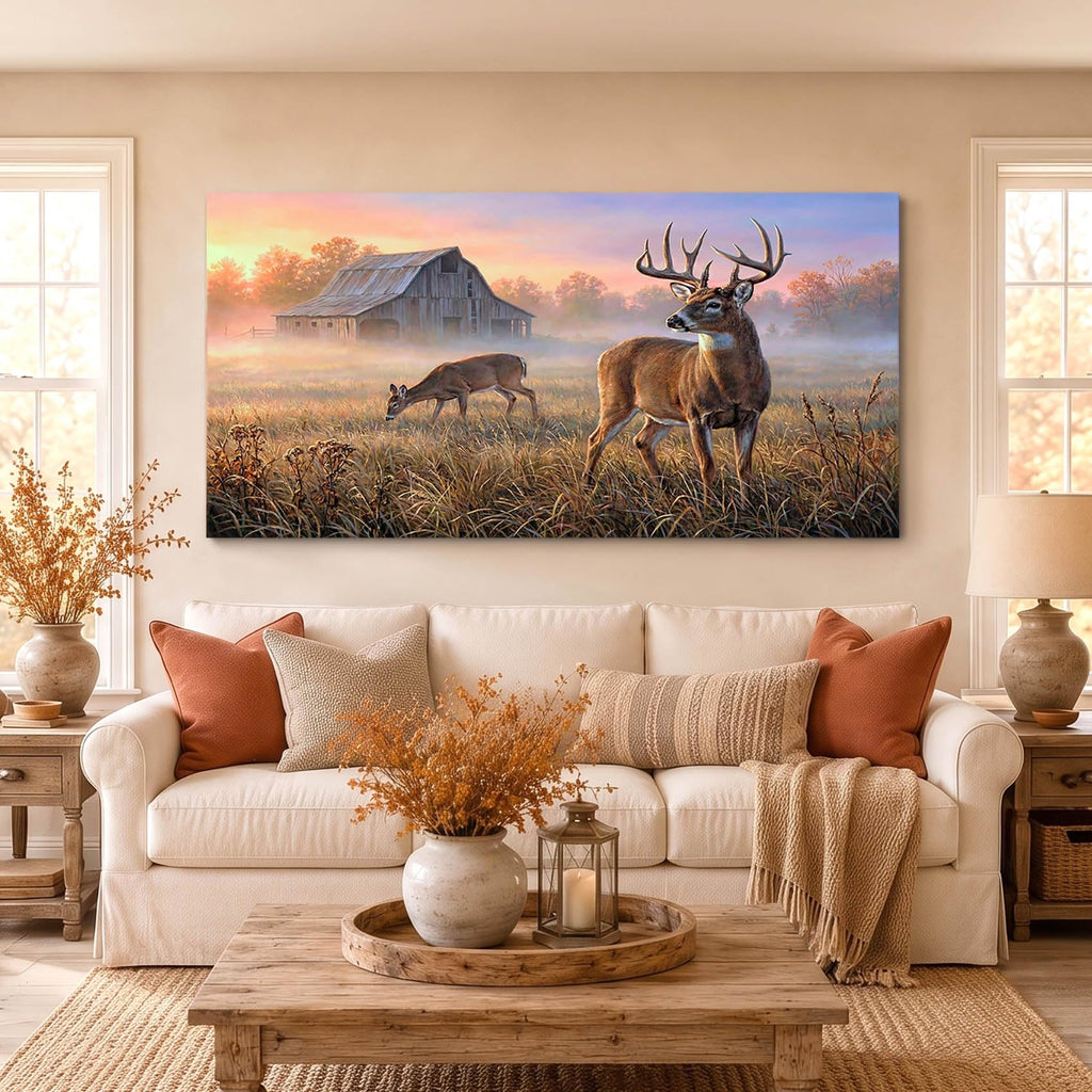 Large Rustic Deer Canvas Wall Art Whitetail Buck and Barn Landscape Canvas Print Framed Wildlife Nature Picture