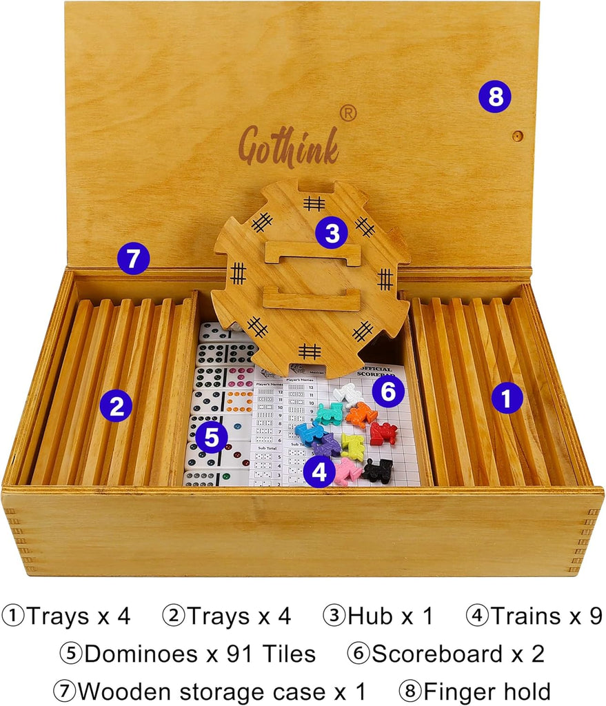 Double 12 Mexican Train Dominoes Set in Wooden Carry Case, Colored Dots Domino Set for Adults Kids and Family