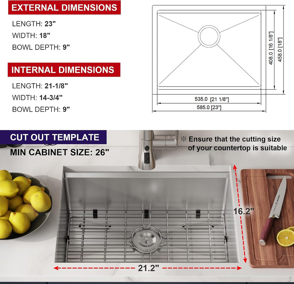23 Inch Undermount Single Bowl Workstation Handmade Kitchen Sink | 304 Stainless Steel, 16 Gauge Thickness, X Line