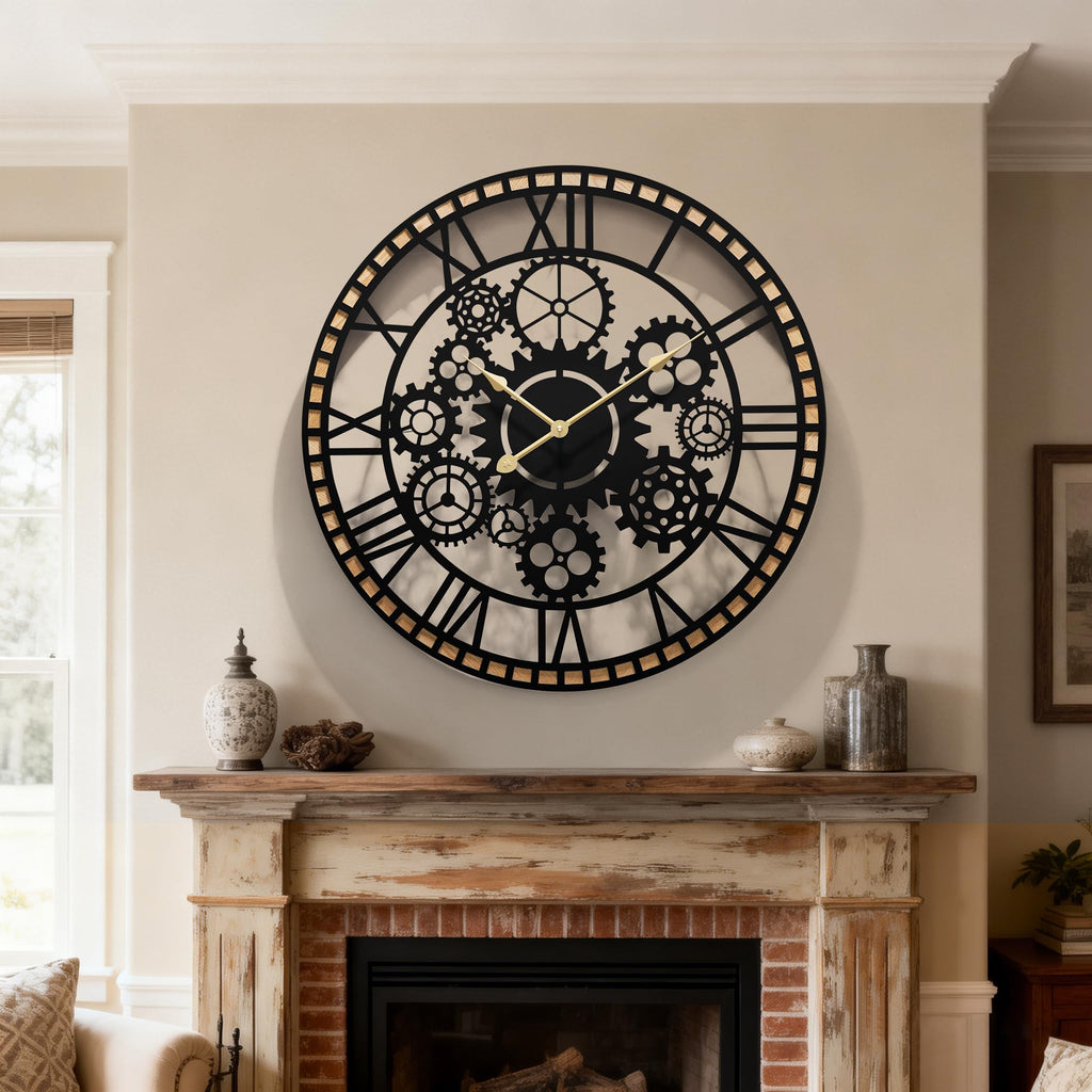 Large Farmhouse Wall Clocks, Gears Large Round Wall Clock