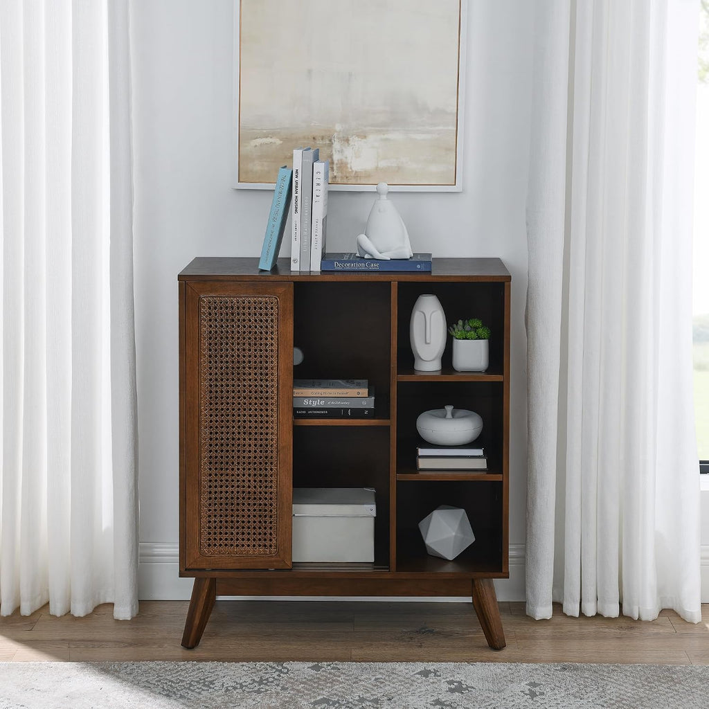 Mid Century Modern Small Rattan Sideboard Buffet Storage Cabinet | Real Wood Veneer Mid Century Storage Cabinet with