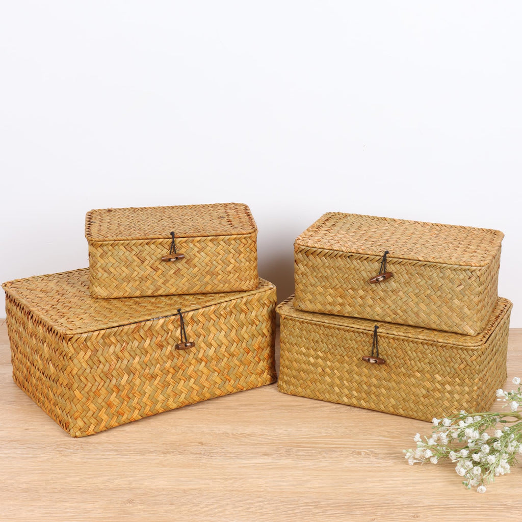 Wicker Shelf Baskets with Lid, Seagrass Storage Basket Bins Rectangular Handwoven Basket Boxes for Shelves Desktop