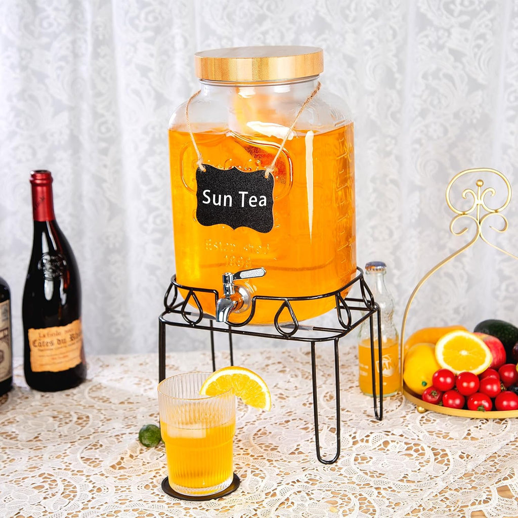 2 Gallon Glass Drink Dispenser with Stand and Bamboo Lid, Lemonade Dispenser with Stainless Steel Spigot