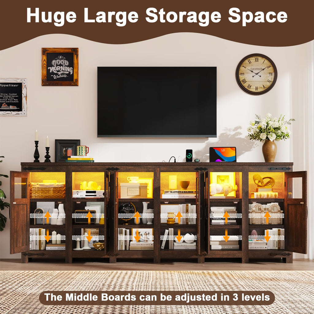95" Large LED Farmhouse TV Stand for 100/90/80In TVs with Power Outlets, Tall Entertainment Center Storage
