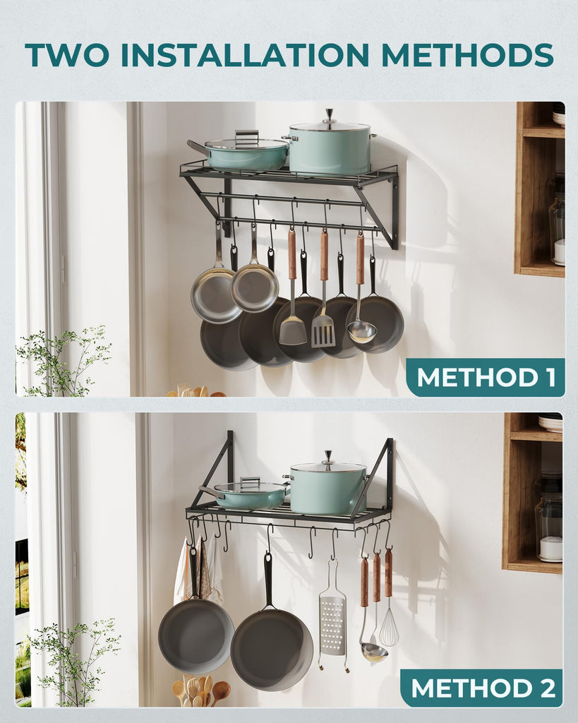 23" Pot Rack Wall Mounted, Pot Organizer with 2 Tier Hanging Rails