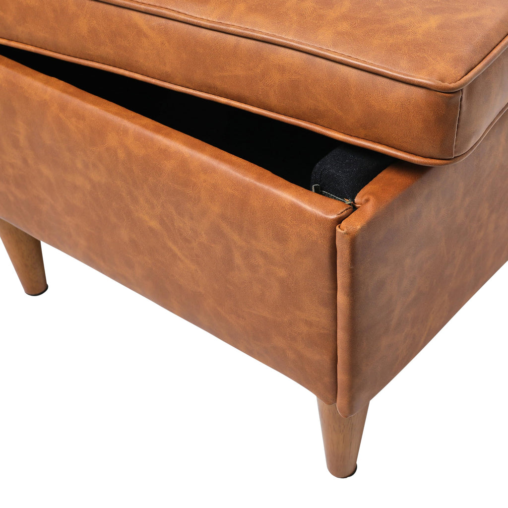 Atley Upholstered Modern Ottoman with Storage and Solid Wood Legs, Cognac Vegan Leather
