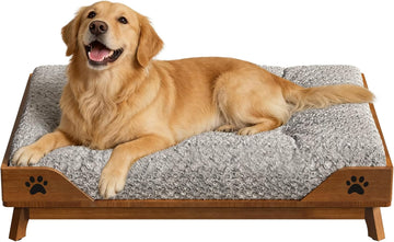 Elevated Solid Wood Large Dog Bed - Brown Pet Bed Frame with Soft Cushion Washable, Mid-Century Modern Raised Dog