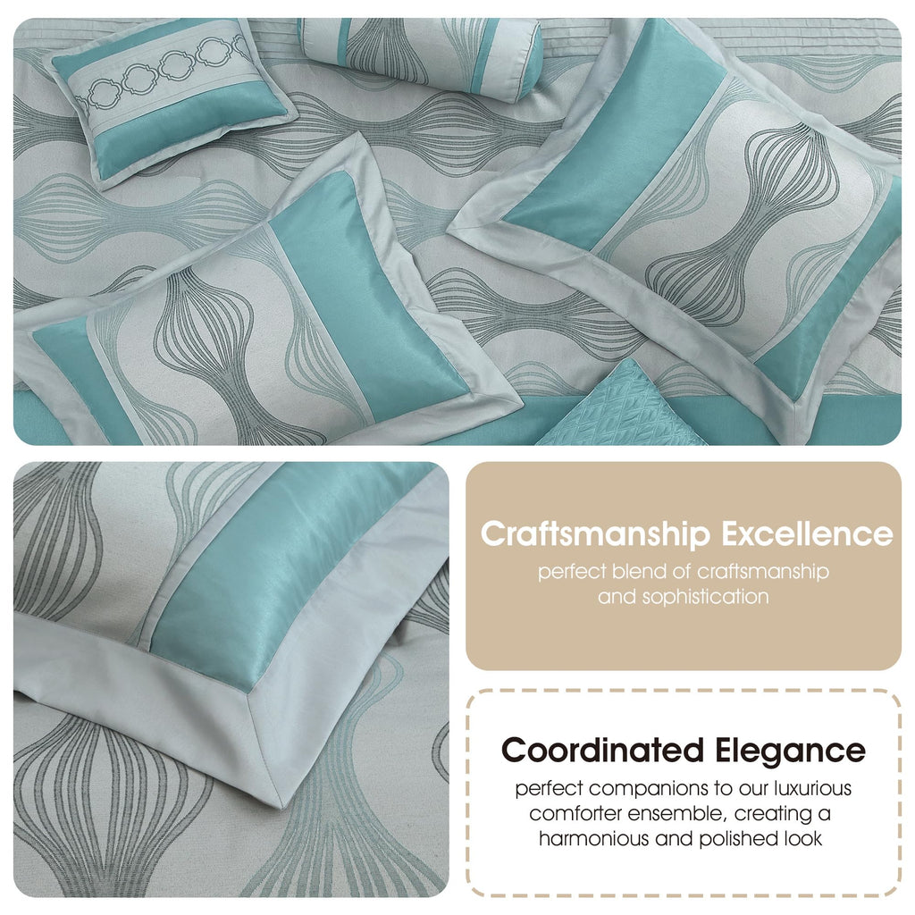 7 Piece Blue Comforter Set, King Size Jacquard Bedding Set, All Season Geometric Patchwork Bedding Set, Matching