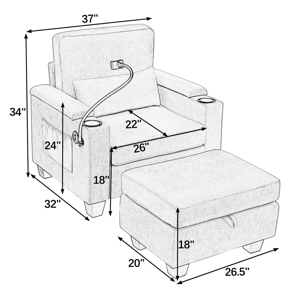 Accent Chair and Storage Ottoman Set, Versatile Single Chaise Lounger Convertible Sleeper Chair Bed W/Reclining