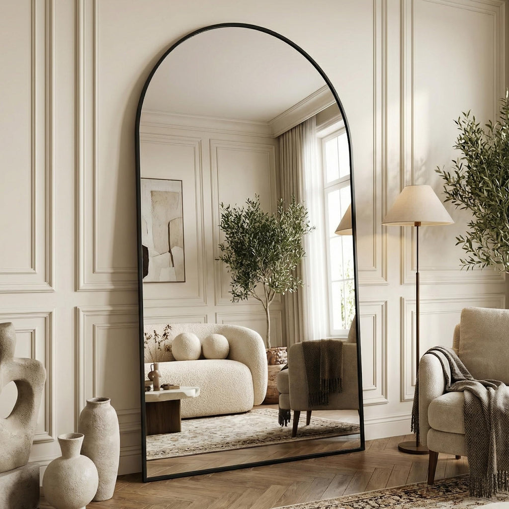 86"x46" Arched Full Length Mirror with Stand, Full Body Mirror with Aluminum Frame