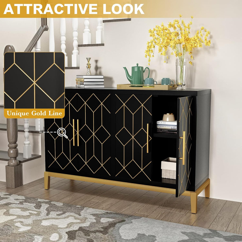 Accent Cabinet with 4 Doors&Shelves, Sideboard Buffet Cabinet with Gold Trim, Modern Black Storage